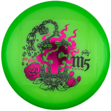 A bright neon green disc golf disc with a pink and black gothic lantern and rose graphic, featuring the 'm5' model name and 'Spiritus' brand logo, resting on a white surface.