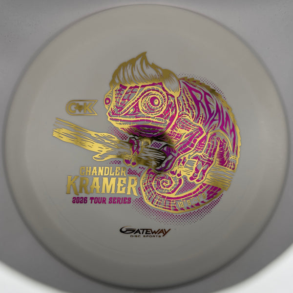 A Gateway disc golf disc featuring a translucent white body with a metallic gold and magenta chameleon graphic and text reading 'Chandler Kramer 2026 Tour Series'.