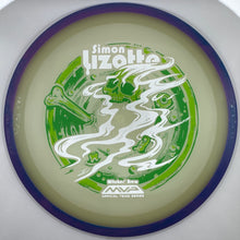 A disc golf disc by MVA, featuring a green and white 'Simon Lizotte' graphic with a skull and snake design, set against a white circular insert.