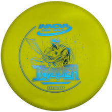 Yellow Innova DX Invader disc golf putter with blue armored figure stamp, top view.