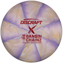 A Discraft x Bangin' Chainz disc golf disc with a purple and cream marbled pattern, displayed inside its white packaging sleeve.
