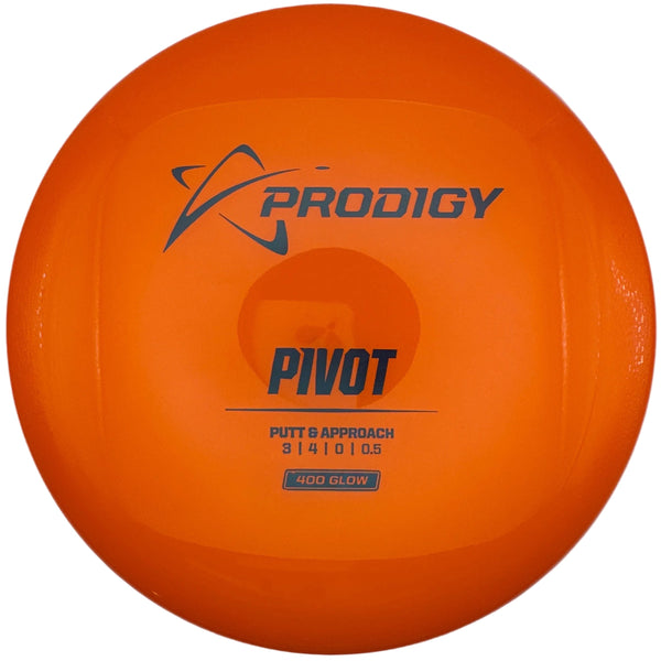 An orange Prodigy Pivot disc golf putter inside its white packaging box, featuring the Prodigy logo and model name 'PIVOT' printed in black.