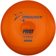 An orange Prodigy Pivot disc golf putter inside its white packaging box, featuring the Prodigy logo and model name 'PIVOT' printed in black.