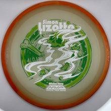 A disc golf disc from the MVP Official Team Series featuring a green and white illustrated design with the name 'Simon Lizotte' and 'Ridge Run' printed on it, surrounded by an orange rim.