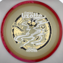 A disc golf disc by MPA, featuring a gold and silver metallic design with a red rim, displayed inside its white presentation box. The disc is printed with 'Simon Lizotte' and 'MPA Signature Series'.
