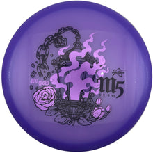 A purple disc golf disc with a black and purple graphic of a lantern, roses, and the text 'm5' and '400 glow', photographed against a white background.