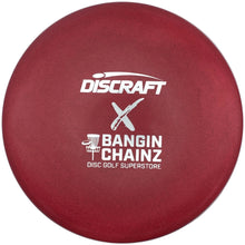 A dark red Discraft x Bangin' Chainz disc golf disc with white printed logos, shown inside a white box.
