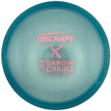 A Discraft x Bangin' Chainz disc golf disc in translucent light blue with a speckled finish, featuring pink branding on a white background.