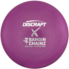 A purple Discraft disc golf disc with white printed logos for 'Discraft' and 'Bangin' Chainz Disc Golf Superstore', displayed on a white backing card.
