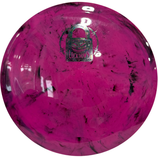 Pink and black speckled ball on a white background