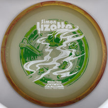 A disc golf disc featuring a green and white illustrated design with the text 'Simon Lizotte' and 'MVP Official Trade Series' on a light beige background with a marbled amber rim.
