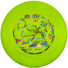 Yellow Innova Star Fox midrange disc golf disc with rainbow foil fox stamp, top view.
