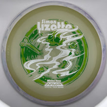 A disc golf disc from the MWA Official Team Series, featuring a green and white 'Simon Lizzotte' graphic on a translucent olive-green base, photographed inside a circular white holder.