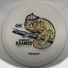 A white disc golf disc featuring a yellow and black chameleon illustration and the text 'Chandler Kramer' and 'Birdie Tour Series', with Gateway and CMK branding.