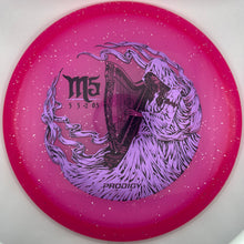 A pink disc golf disc with a purple harpy graphic and the text 'M5' and 'PRODIGY' on a white background.