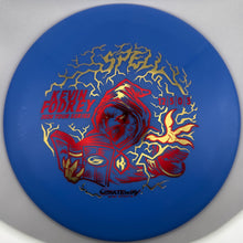 A blue Kevin Fockey 'Streak' pivot disc golf disc with a red and gold graphic of a hooded figure and lightning bolts, shown against a white background.