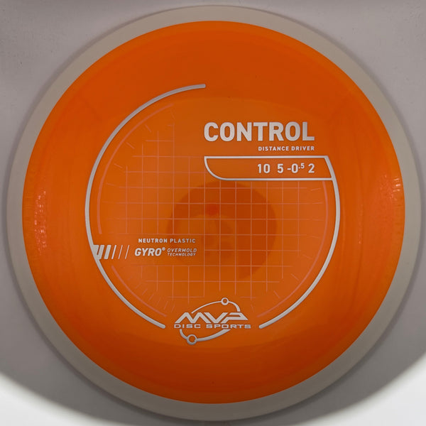 An orange disc golf disc with white printed text and graphics, including the model name 'CONTROL' and the M2 Disc Sports logo, photographed on a white background.