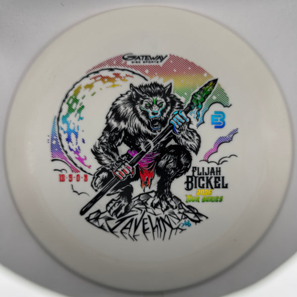 A white disc golf disc featuring a colorful graphic of a werewolf holding a bow and arrow, with the text 'Crazy Dog' and 'Plijah Bickel Disc Series' printed on the front.