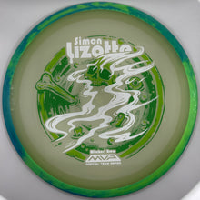 A disc golf disc featuring a green and teal marbled rim, a translucent pale green flight plate, and a central green and white graphic of a skull and smoke with the text 'Simon Lizotte' and 'MVP Official Team Series'.