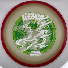 A disc golf disc featuring a green and white graphic of a skull, bones, and smoke, with a red outer rim. The top reads 'Simon Lizotte' and the bottom reads 'MVP Wicker Bow'.