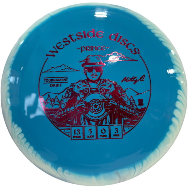 Blue disc with red graphics and text on a white background