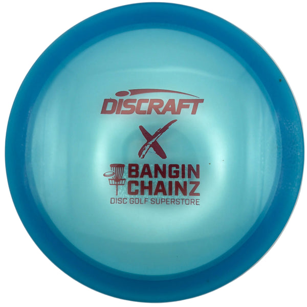 A light blue Discraft disc golf disc with a bright blue rim, featuring red printed text that reads 'DISCRAFT', 'BANGIN' CHAINZ', and 'DISC GOLF SUPERSTORE'.