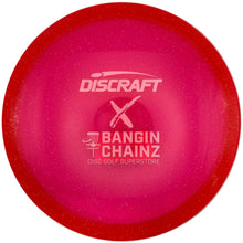 A pink Discraft Bangin' Chainz X disc golf superfine disc with a red outer rim, displayed on a white background.