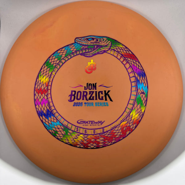 An orange disc golf disc featuring a colorful snake graphic and the text 'Jon Borzick 2025 Tour Series' in the center, photographed against a plain white background.