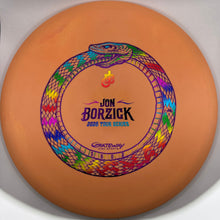 An orange disc golf disc featuring a colorful snake graphic and the text 'Jon Borzick 2025 Tour Series' in the center, photographed against a plain white background.