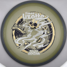 A disc golf disc from the MVP Disc Sports Simon Lizotte Official Team Series, featuring a sage green base with a detailed gold, black, and white graphic of a skull, bone, and smoke swirls.
