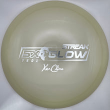 A translucent pale yellow disc golf disc with white printed graphics reading 'Streak Flow' and 'Yo'Ceceo', resting on a white foam insert.