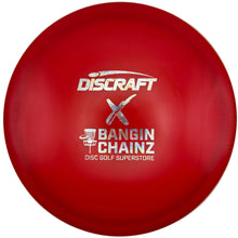 A red Discraft disc golf disc with white and silver text reading 'Discraft' and 'Bangin' Chainz Disc Golf Superstore', displayed inside a white box.