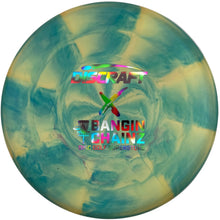 A disc golf disc with a swirled green and yellow marbled pattern, featuring holographic 'Discraft' branding and the model name 'BANGIN' CHANGZ'.