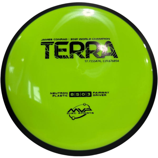 Green disc golf disc with 'Terra' branding on a white background