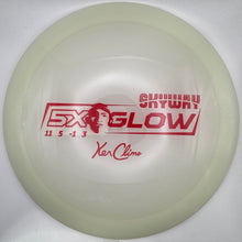 A translucent pale yellow disc golf disc with red printed graphics, including the text 'CityWard Glow' and 'Yea Clime', resting on a white foam insert.