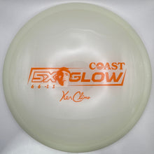 A translucent off-white disc golf disc with orange printed graphics, including the text 'COAST GLOW' and 'Yee Zee', resting on a white foam insert.