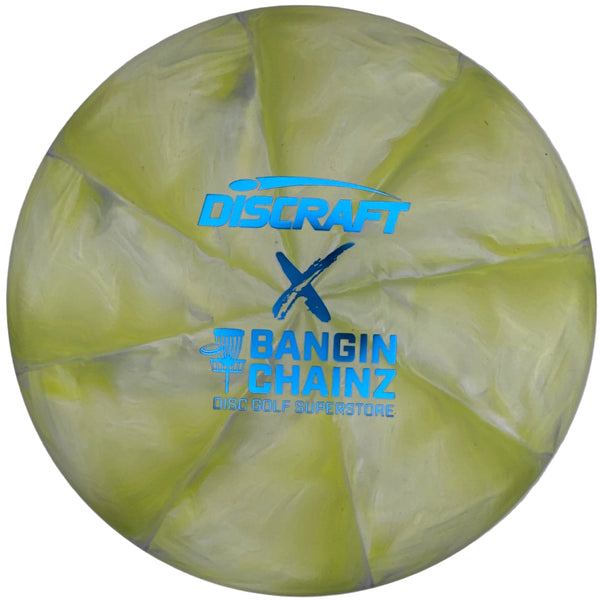 A translucent pale yellow disc golf disc with blue 'DISCRAFT x BANGIN' CHAINZ' logos, photographed inside a white box.