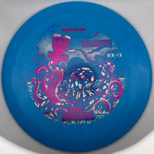 A blue Sam Oliver Swig 1.1 disc golf disc with a pink and white octopus graphic and text, photographed against a white background.