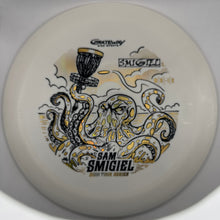 A white disc golf disc featuring a detailed graphic of a octopus holding a cup, with the text 'SAM SMIGIEL' and 'GRATEWAY AIR HONOR' printed on it.