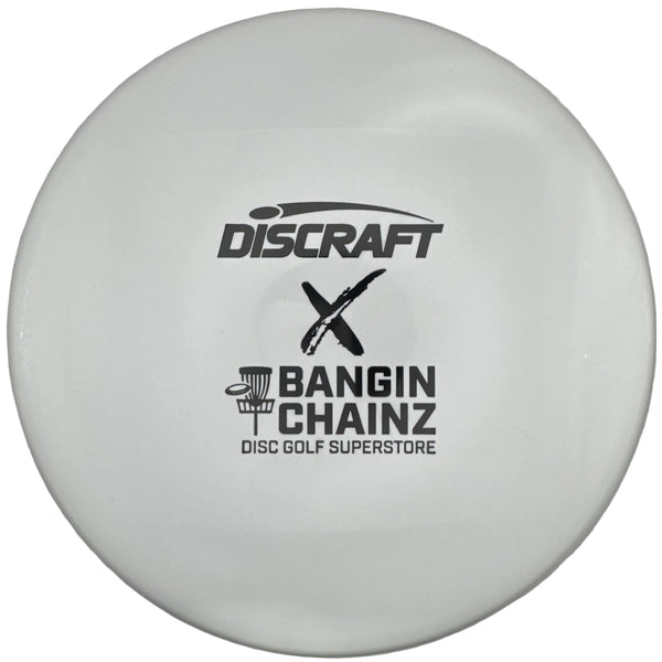 A white Discraft x Bangin' Chainz disc golf disc with black printed logos, shown inside its white protective packaging.