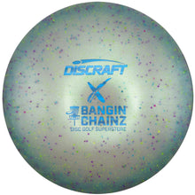 A Discraft Bangin' Chainz disc golf disc with a light green and blue iridescent finish and multicolor speckles, displayed inside its white box.