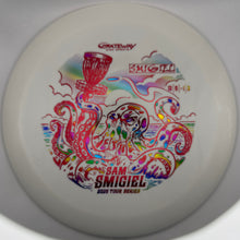 A white Gateway Disc Sports Sam Smiguel Show Your Series disc golf disc featuring a colorful holographic octopus graphic and rainbow iridescent foil stamp.