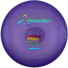 A purple Prodigy Pivot disc golf disc with a holographic logo and text, resting on a white surface.