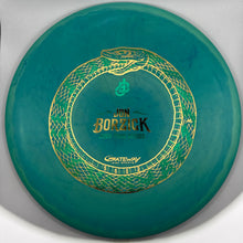 A teal disc golf disc with gold foil stamping featuring a coiled snake, the name 'Jon Borzick', and 'Gateway Endurance'.