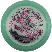 A Prodigy RippiT H6 disc golf disc with a translucent mint green outer rim, a clear center, and a pink and black frog graphic with lightning details.
