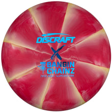 A Discraft Bangin' Chainz disc golf disc with a pink and red marbled pattern and blue logo text, shown inside its white plastic packaging.