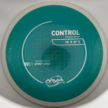 A disc golf disc on a plain white background, featuring a teal-green center with white text and graphics, surrounded by a light gray outer rim.