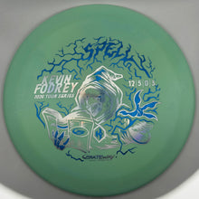 A mint green disc golf disc from Discraft's Kevin Fodrey 2026 Tour Series, featuring a blue and white graphic of a fisherman in a helmet surrounded by lightning, with the text 'KEVIN FODREY 2026 TOUR SERIES' and '12, 5, 0, 3'.