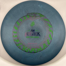 A disc golf disc featuring a blue-gray background with a green and purple snake graphic and the text 'Jon Horzick' and 'Assassins Edge' in the center.