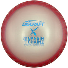 A Discraft Bangin' Chainz disc golf disc with a translucent red outer rim and a white center, featuring blue printed branding.